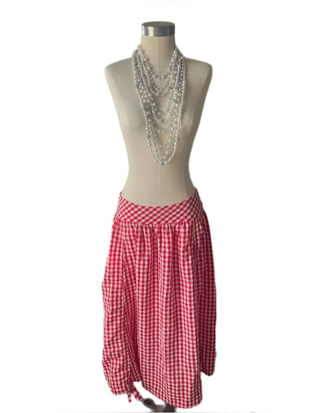 Red Gingham Ruched Western Boho Cottagecore Midi Skirt - Waist is about 28”